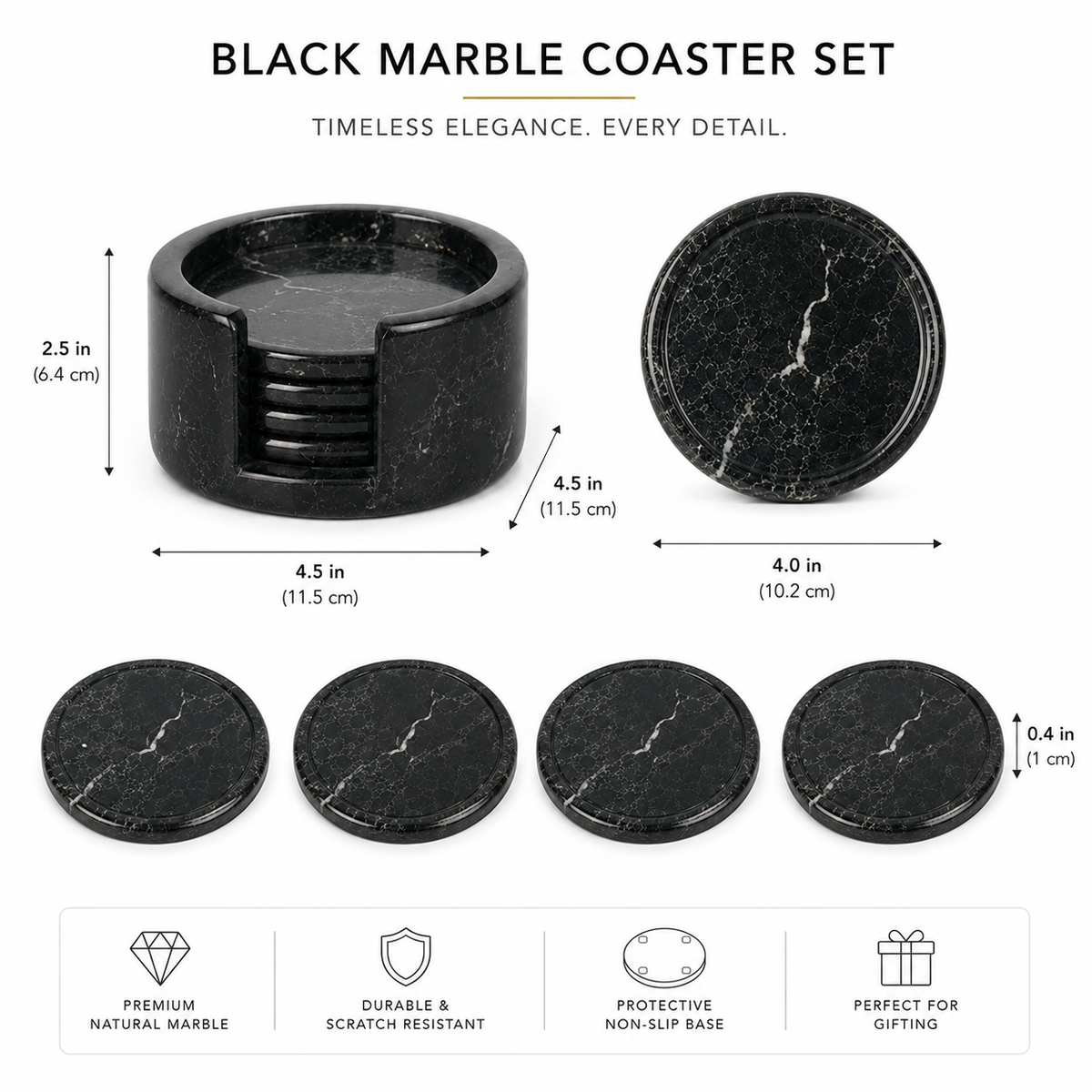 Handcrafted Black Marble Coaster Set with Holder – Set of 6 Natural Stone Drink Coasters for Coffee Table, Dining & Home Décor | Marvique Interior