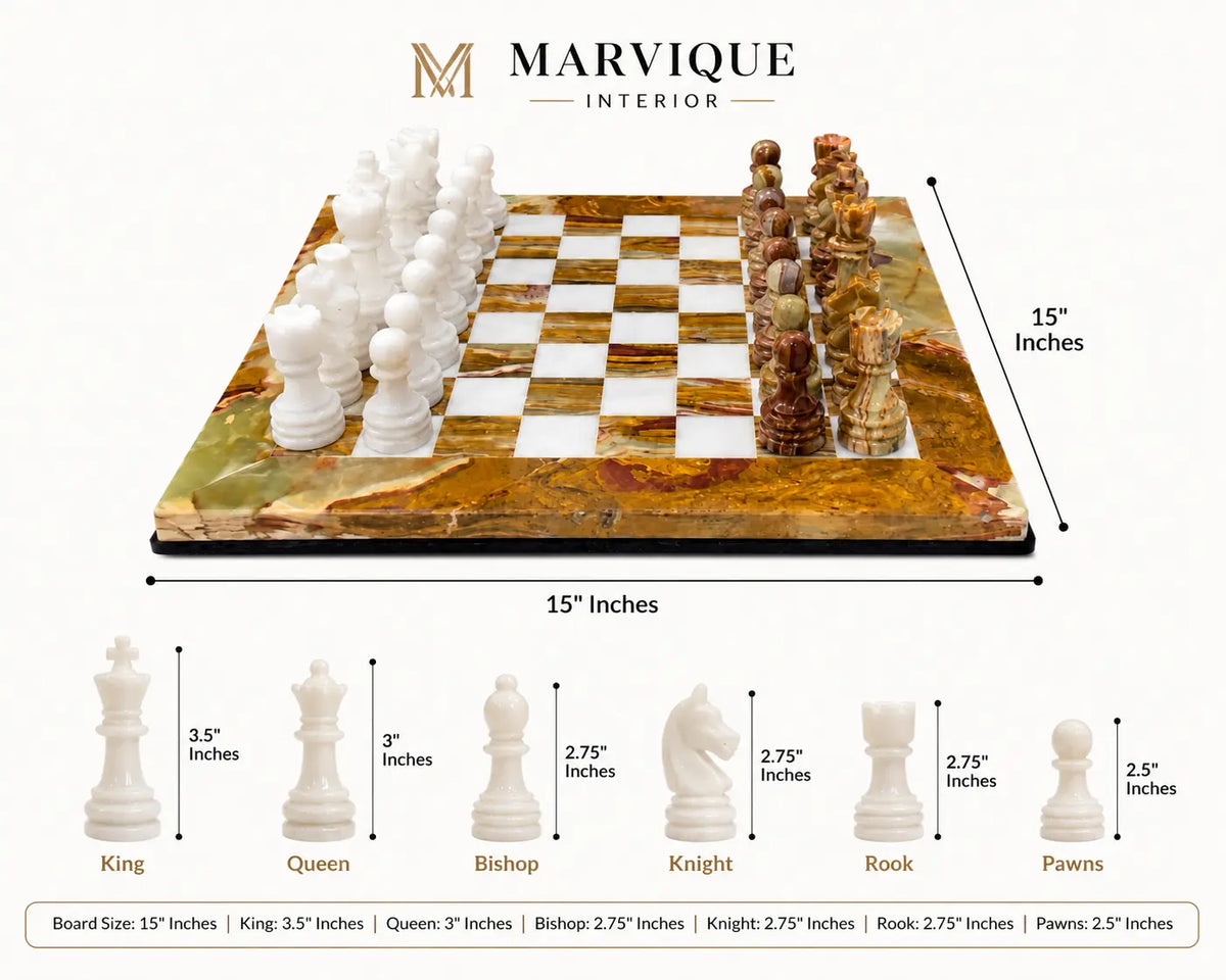 A marble chess set shown on a white background with dimension labels indicating a 15-inch board and piece heights listed below. The brand name Marvique Interior appears at the top.