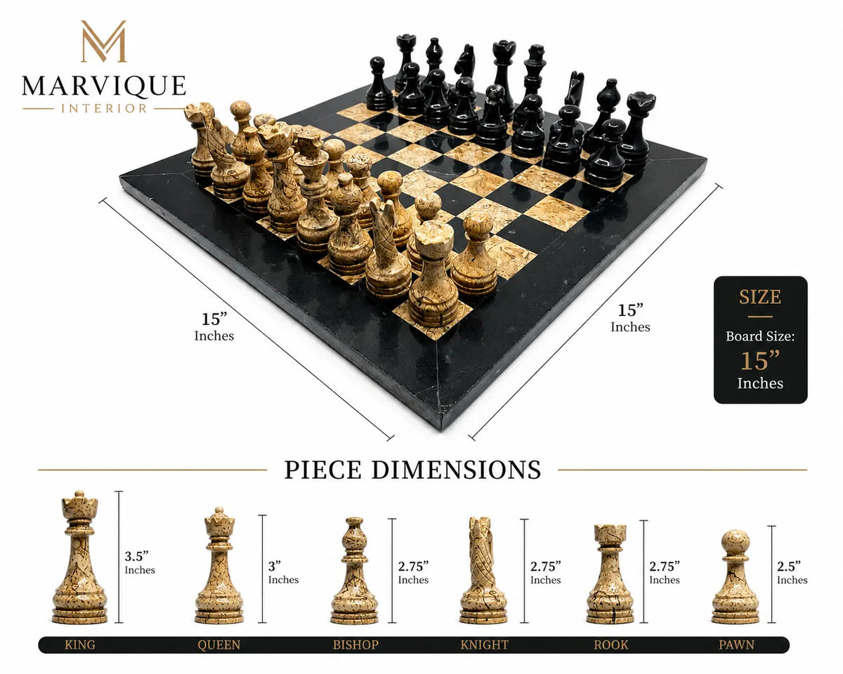 Marvique Interior 15-inch chess set with black and gold pieces on a black board, shown with dimension lines and a piece dimensions chart below on a white background.