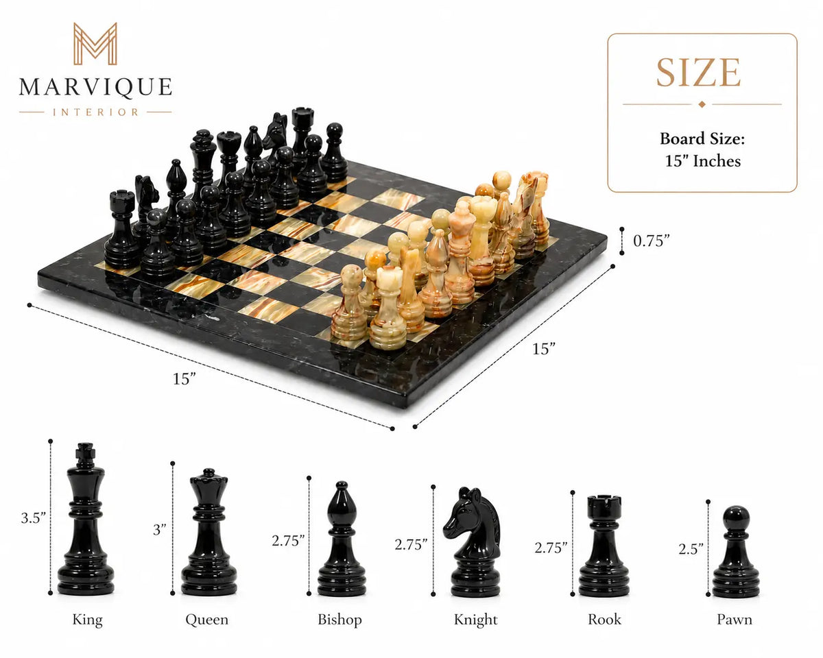 A 15-inch black and gold marble chess set by Marvique Interiors, shown with dimension lines indicating its size and a row of individual piece height measurements below on a white background.