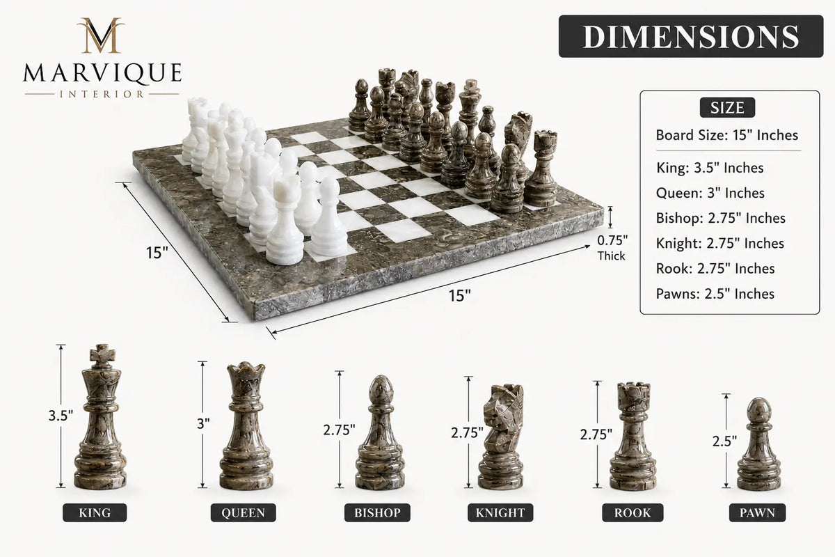A Marvique Interior chess set shown on a light background with dimension callouts and a size table. The set includes a 15-inch square checkered board with white and dark gray chess pieces arranged in starting positions.