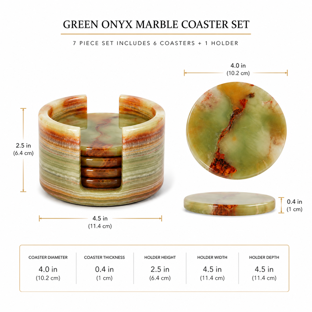 Green Onyx Marble Coaster Set with Holder – Handcrafted Natural Stone Drink Coasters (Set of 6) | Marvique Interior