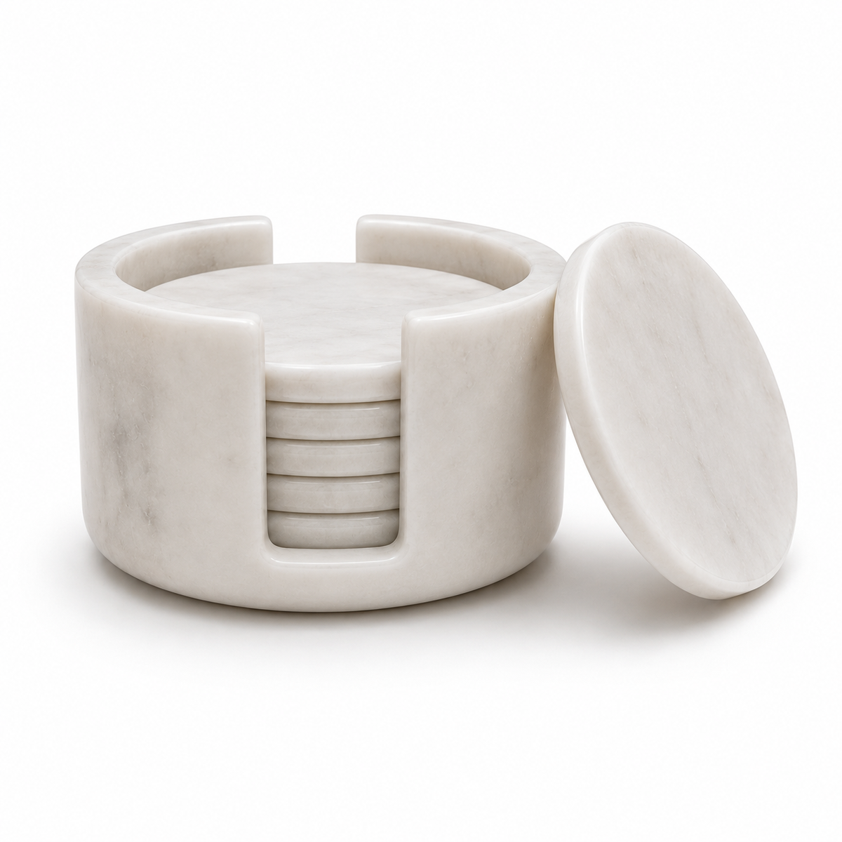 Luxury White Marble Coaster Set with Holder - Set of 6 Natural Stone Drink Coasters for Coffee Table, Dining Table & Office | Marvique Interior