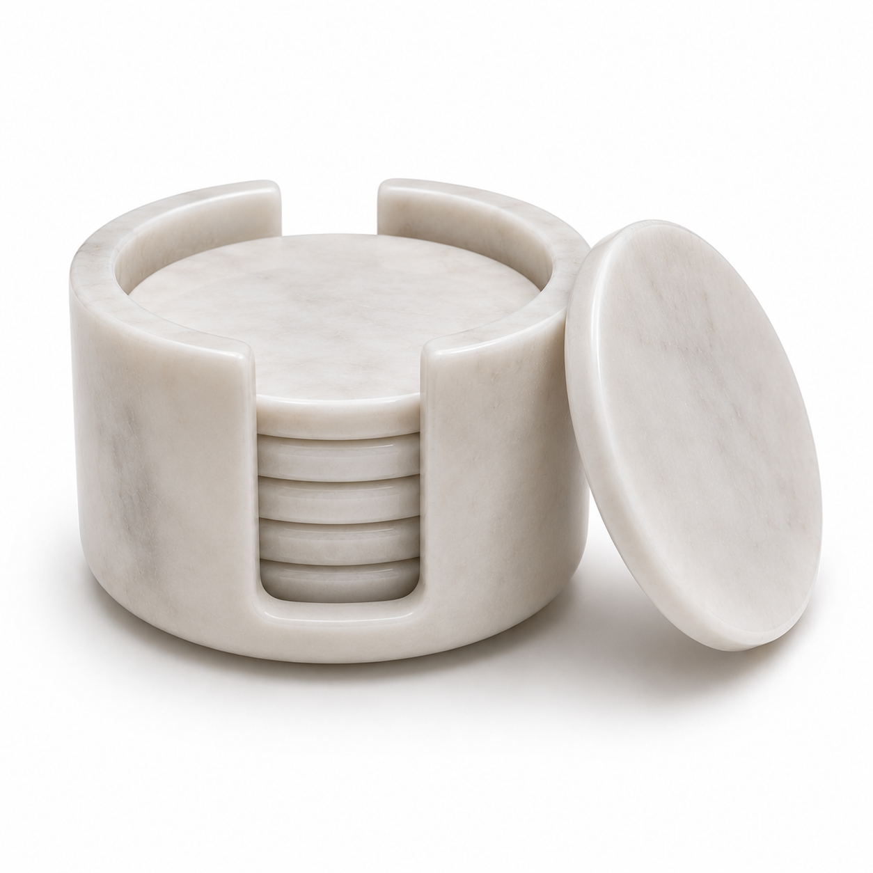 Luxury White Marble Coaster Set with Holder - Set of 6 Natural Stone Drink Coasters for Coffee Table, Dining Table & Office | Marvique Interior