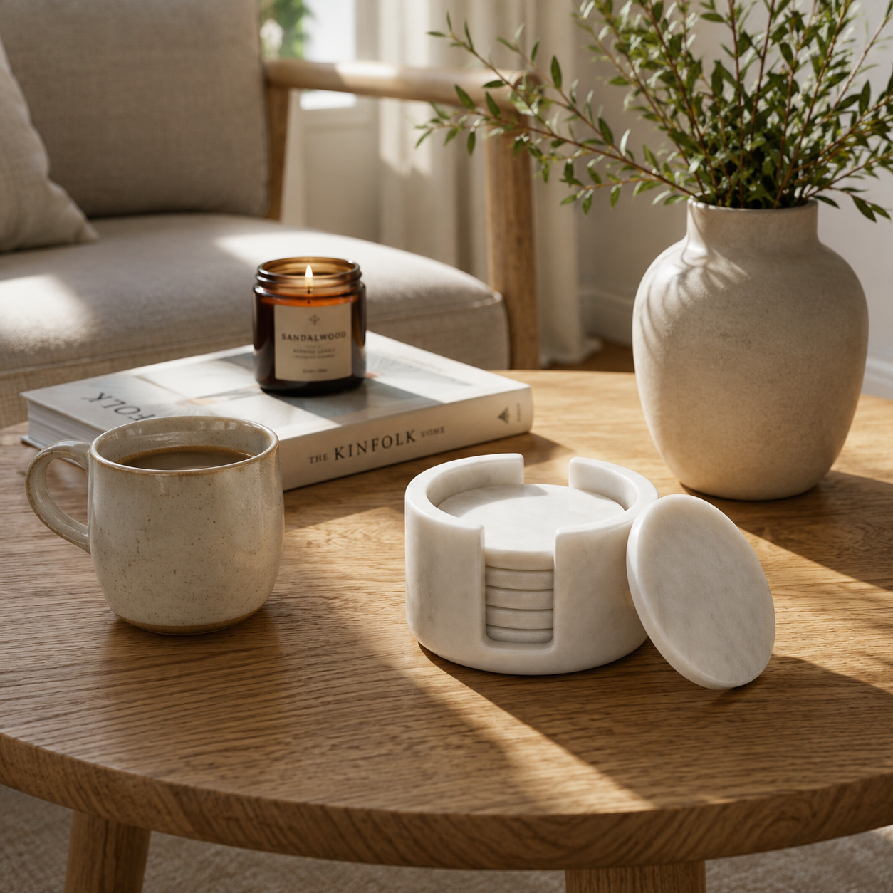 Luxury White Marble Coaster Set with Holder - Set of 6 Natural Stone Drink Coasters for Coffee Table, Dining Table & Office | Marvique Interior