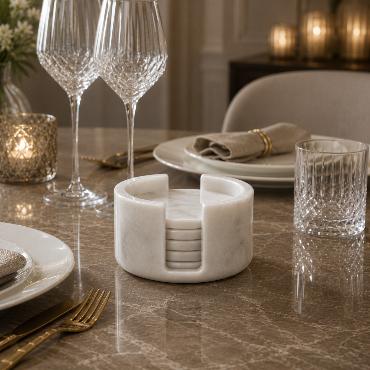 Luxury White Marble Coaster Set with Holder - Set of 6 Natural Stone Drink Coasters for Coffee Table, Dining Table & Office | Marvique Interior