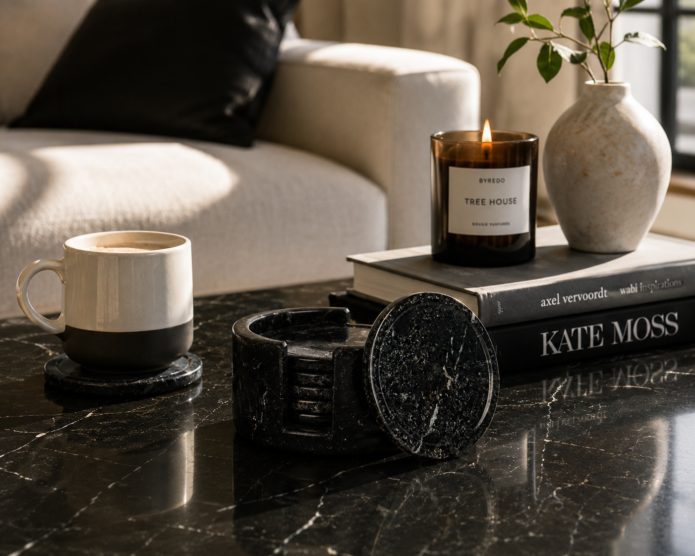 Handcrafted Black Marble Coaster Set with Holder – Set of 6 Natural Stone Drink Coasters for Coffee Table, Dining & Home Décor | Marvique Interior