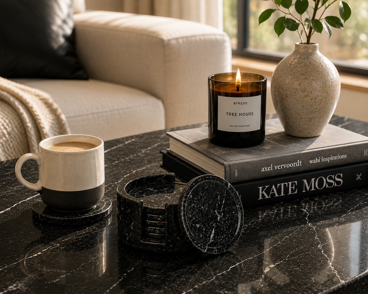 Handcrafted Black Marble Coaster Set with Holder – Set of 6 Natural Stone Drink Coasters for Coffee Table, Dining & Home Décor | Marvique Interior