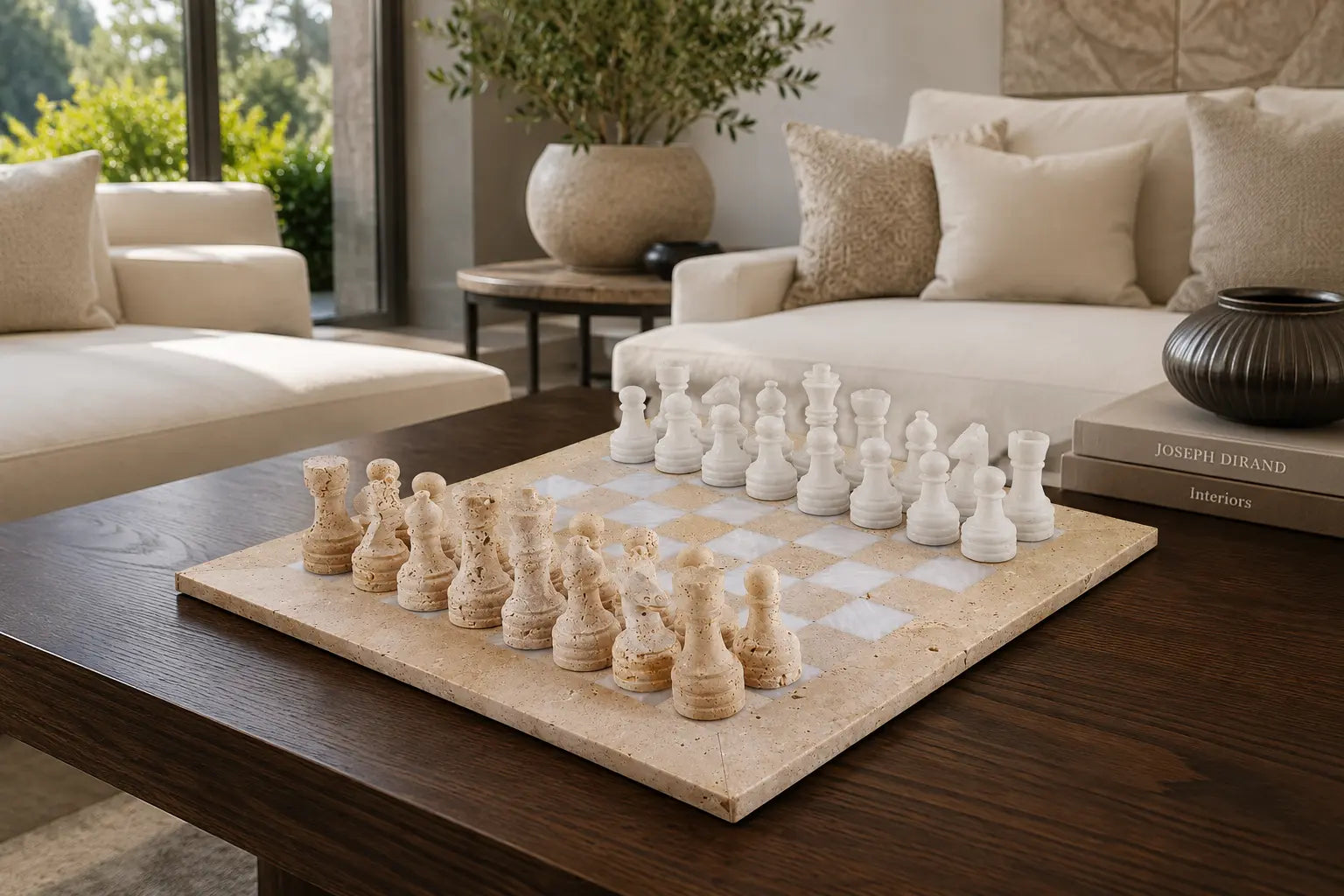 A stone chess set with cream-colored wooden pawns and white stone pieces arranged on a checkered board on a dark wood coffee table in a modern living room setting.