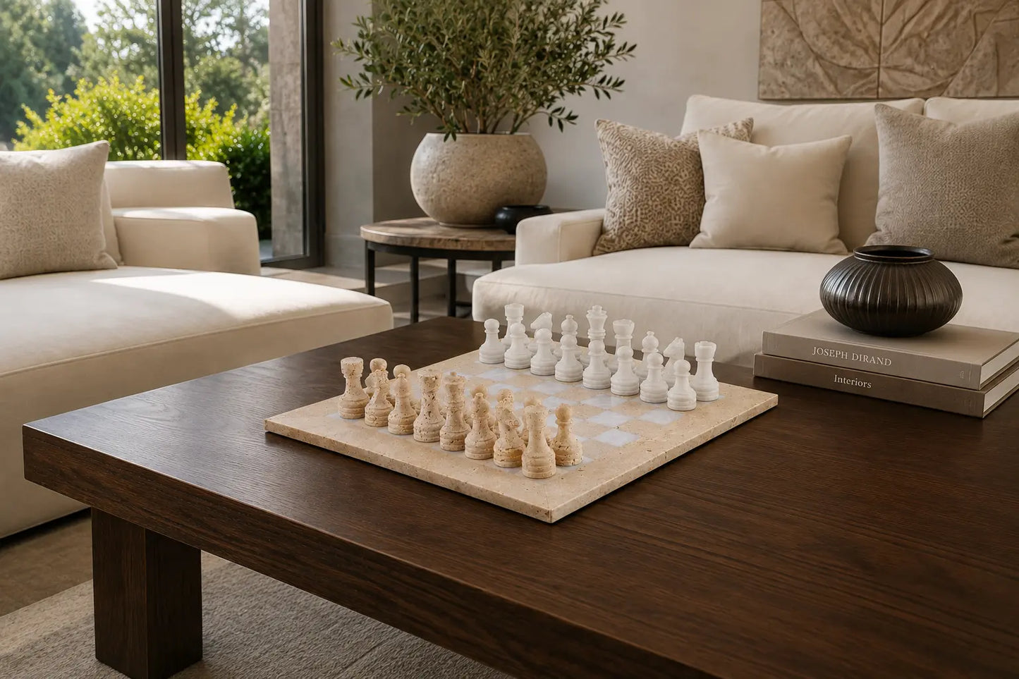 A wooden coffee table in a modern living room setting, featuring a marble chessboard with ivory and white chess pieces. The table is styled with a dark ceramic vase, a book, and other home decor, with a cream sofa and a large potted plant in the background.