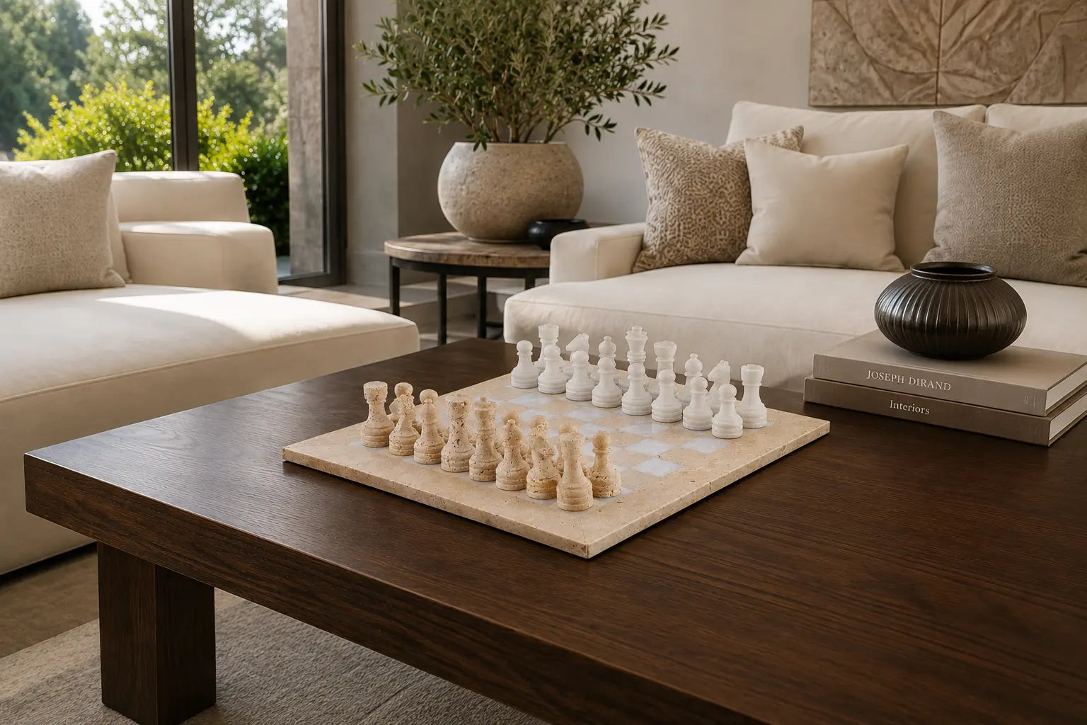 A wooden coffee table in a modern living room setting, featuring a marble chessboard with ivory and white chess pieces. The table is styled with a dark ceramic vase, a book, and other home decor, with a cream sofa and a large potted plant in the background.