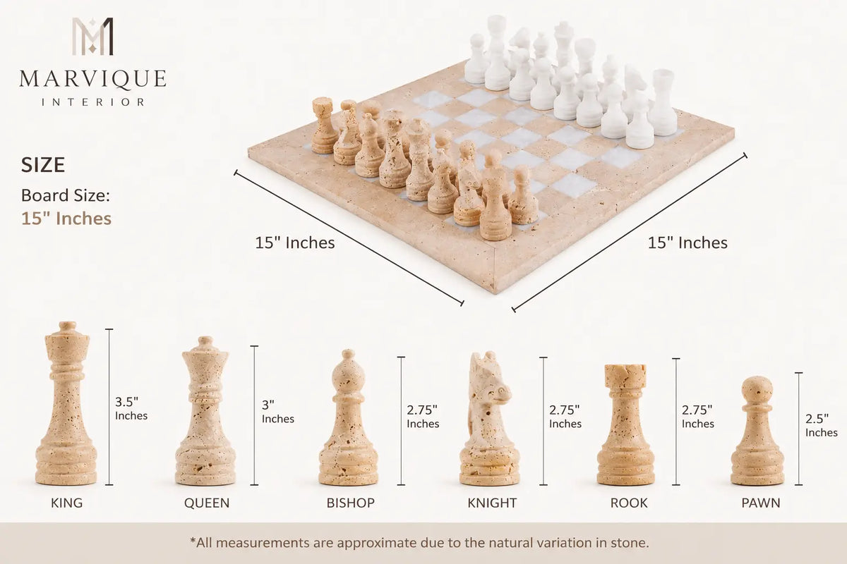 Marvique interior 15-inch stone chess set shown on a light wood background with size annotations and individual piece measurements below.