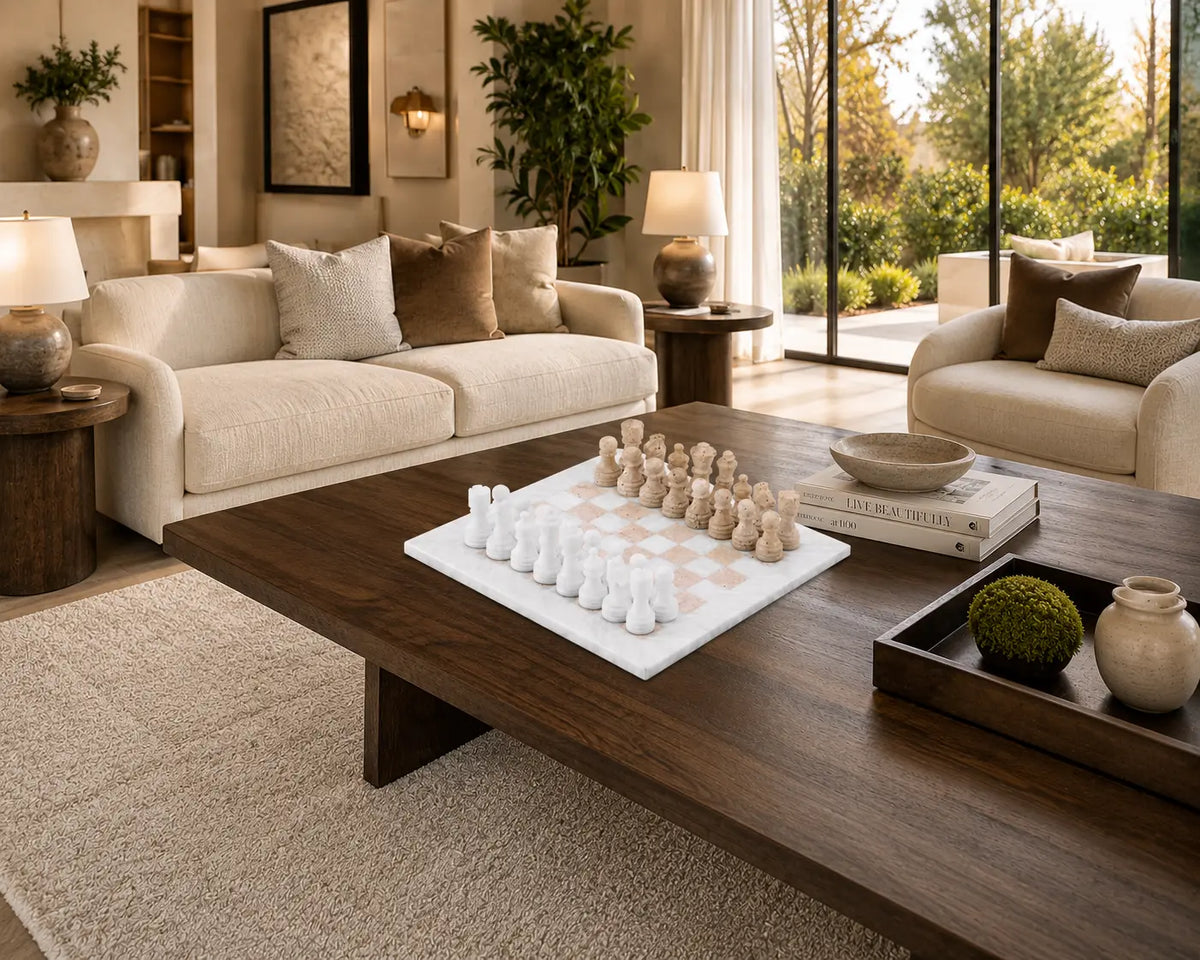 White and Travertine chess set