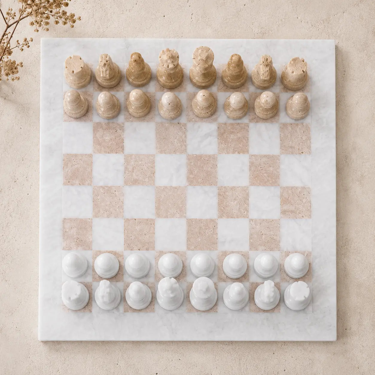 White and Travertine chess set
