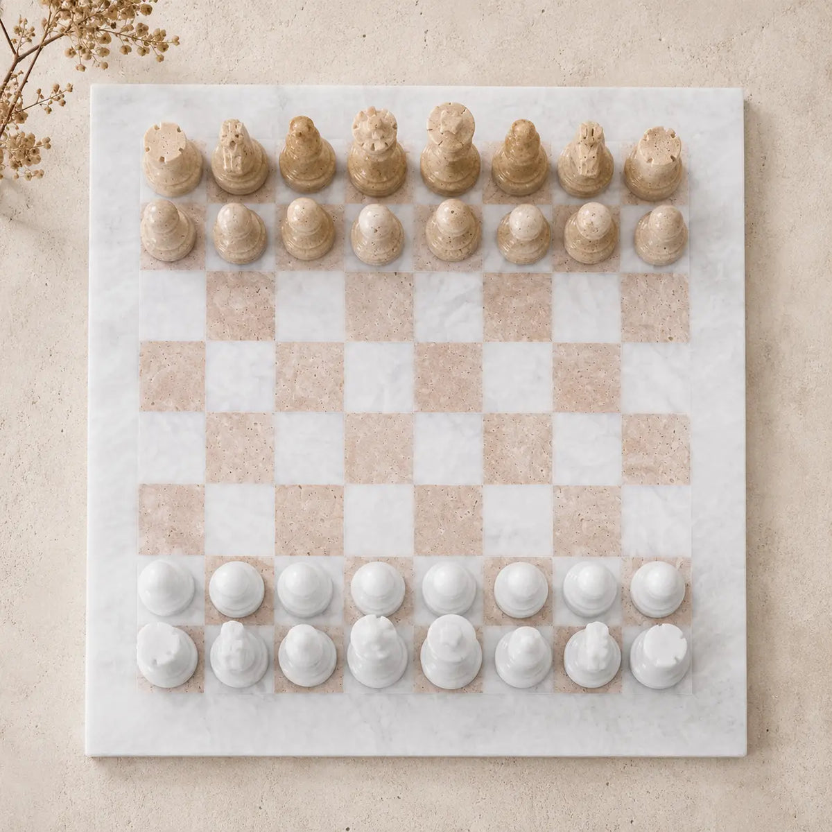 White and Travertine chess set