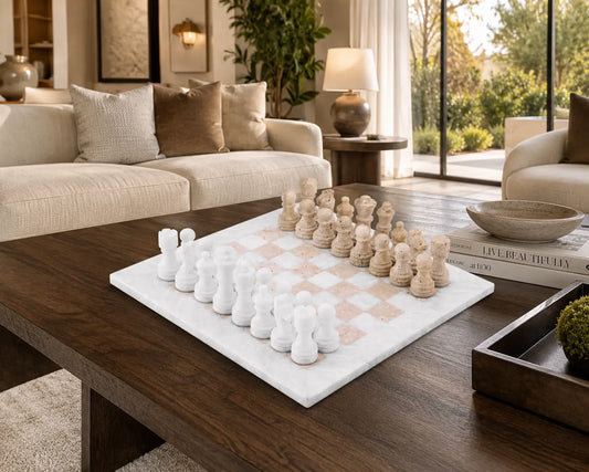 White and Travertine chess set