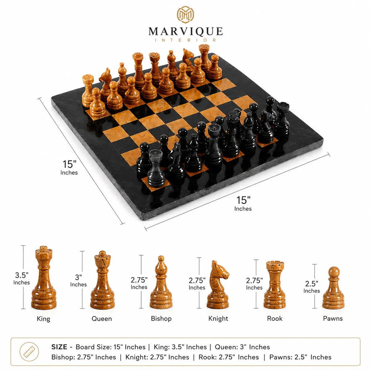 Marvique Furniture 15-inch wooden chess set with a black board and brown and black pieces, shown with dimension lines and a size reference chart below on a white background.