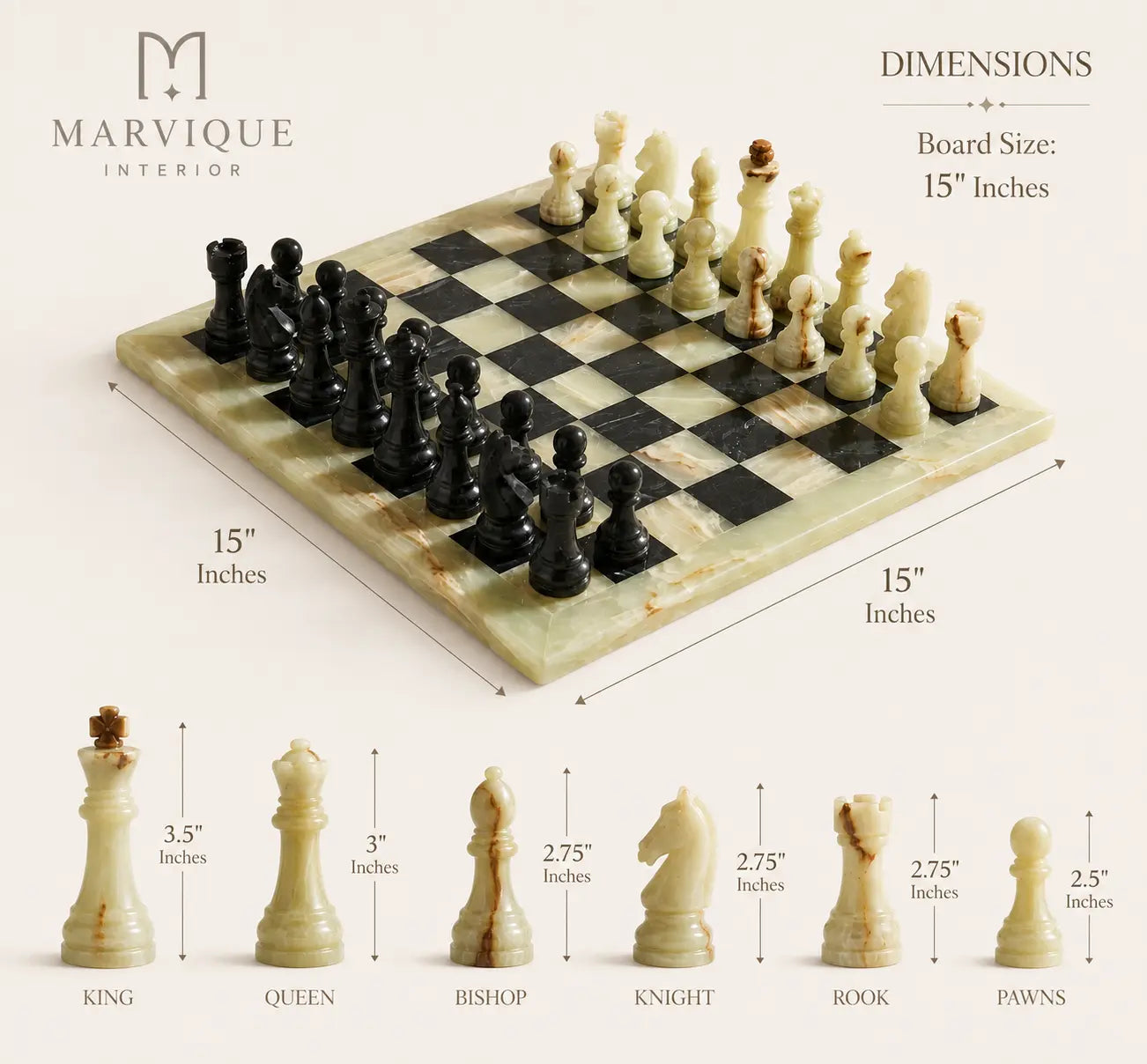 A marble chess set on a light beige background with dimension callouts showing a 15-inch board and piece heights. The Marvique Interior logo appears at top left, and the chess pieces and board are shown with measurement arrows and labeled squares.