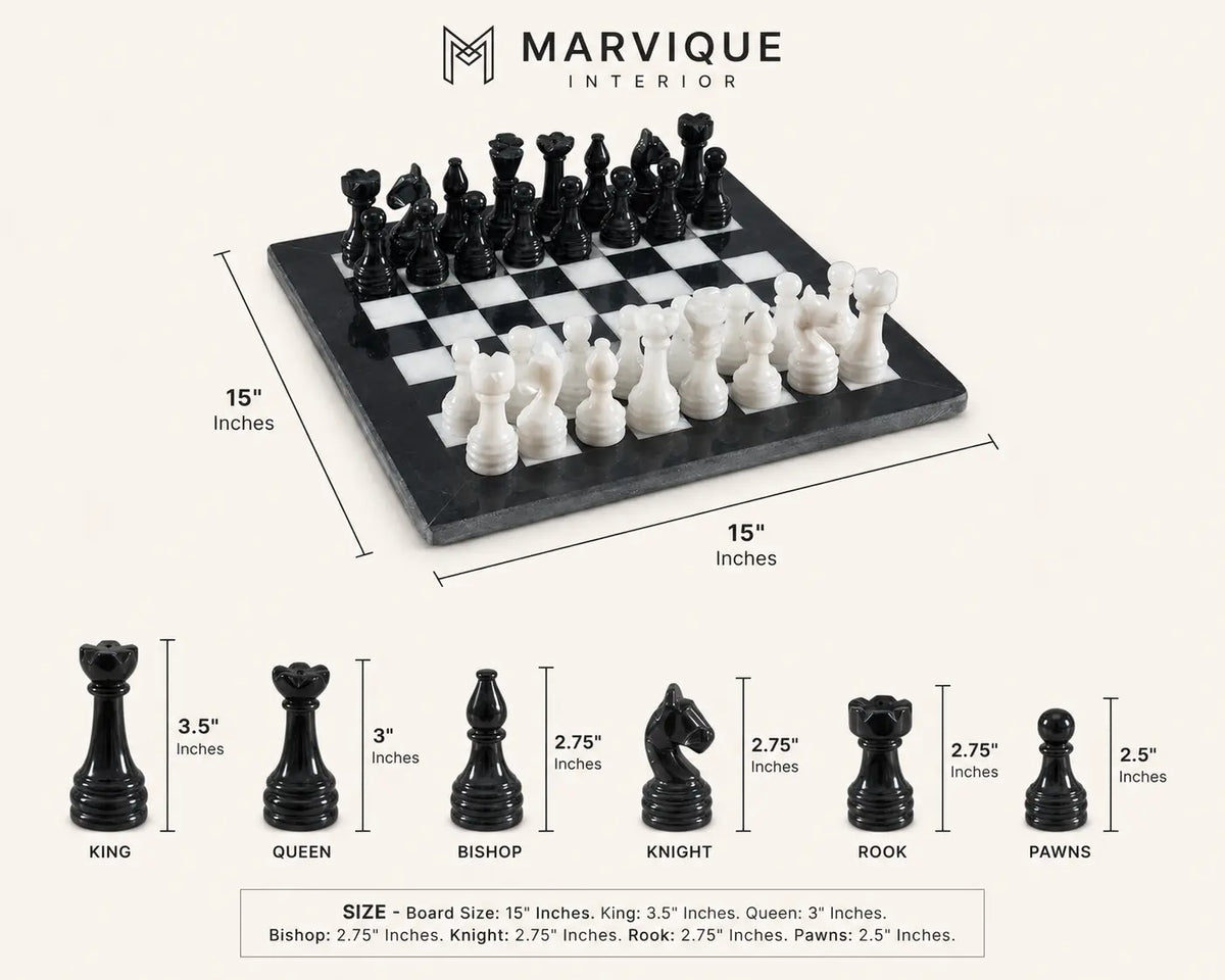 Marvique 15-inch chess set with black and white pieces, shown with dimension lines indicating a 15x15 inch board and detailed piece measurements below on a light beige background.