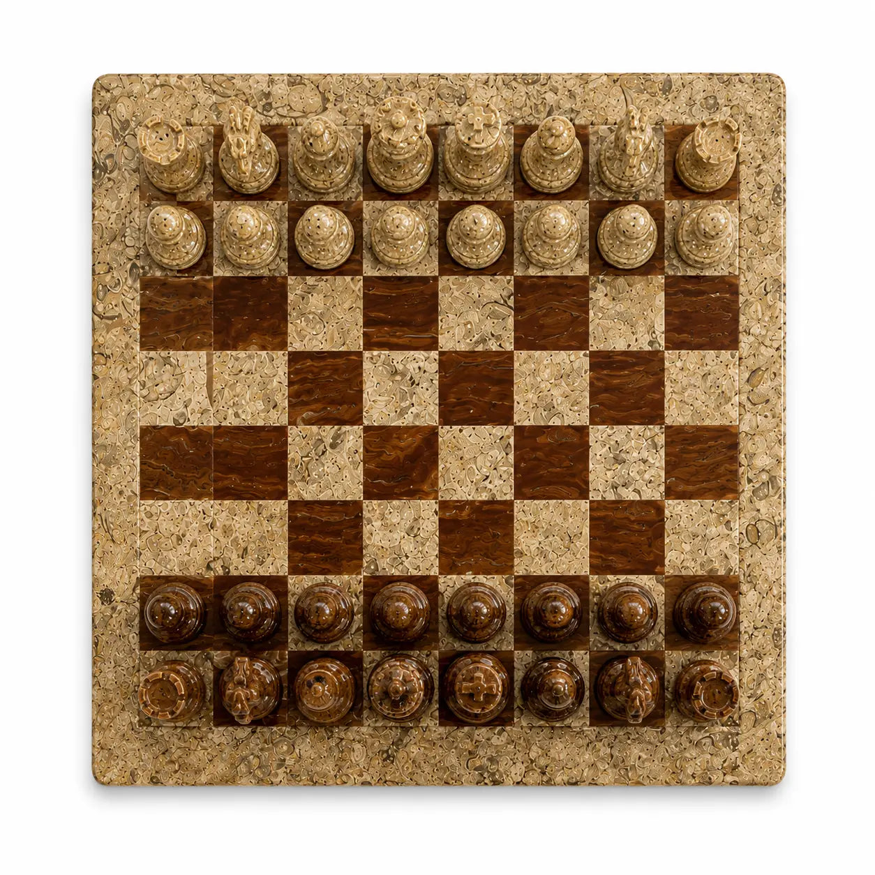 A square stone and wood chessboard with carved chess pieces, photographed from directly above on a white background.