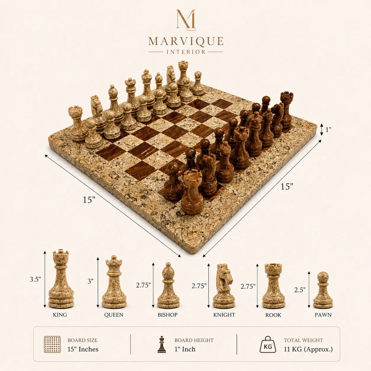 A Marvique Interior marble chess set shown on a beige background with dimension labels, including 15-inch board size, 1-inch piece height, and 11 kg total weight. The image also includes a small reference chart below the main product showing chess piece heights labeled king, queen, bishop, knight, rook, and pawn.