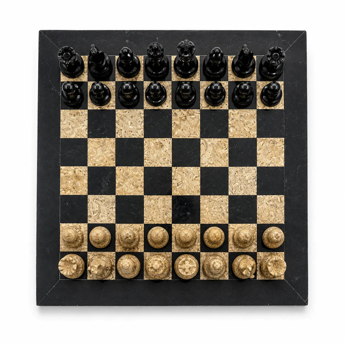 A square black and tan checkers game board with black and tan pieces arranged in a starting position, photographed from directly above on a white background.