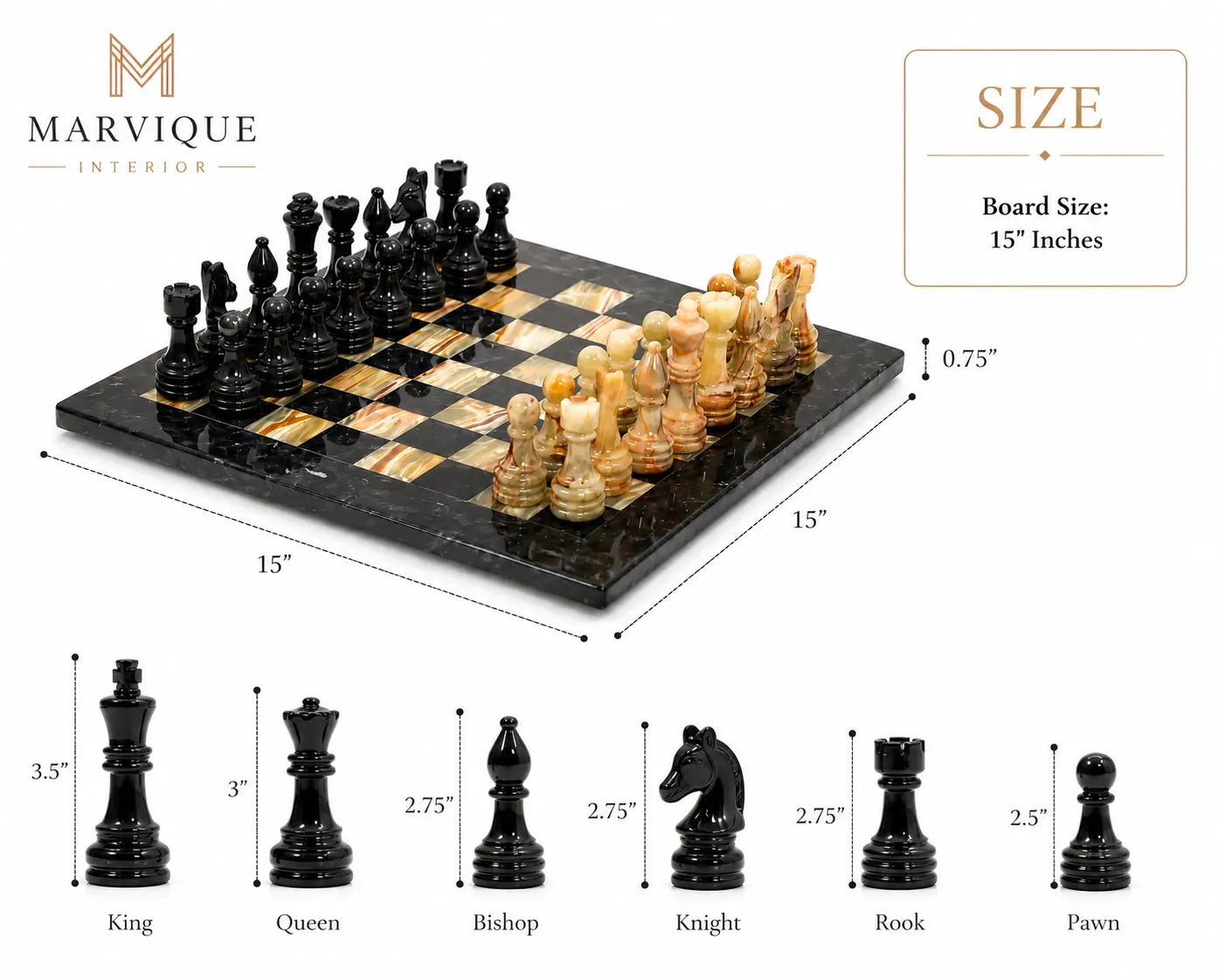 A 15-inch black and gold marble chess set by Marvique Interiors, shown with dimension lines indicating its size and a row of individual piece height measurements below on a white background.