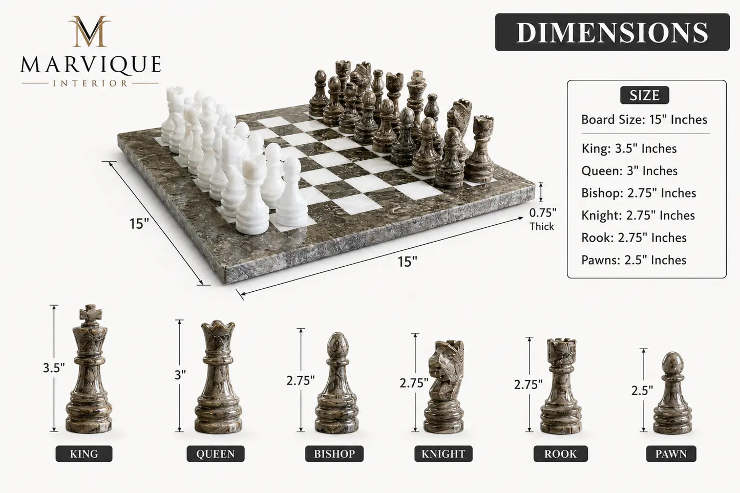 A Marvique Interior chess set shown on a light background with dimension callouts and a size table. The set includes a 15-inch square checkered board with white and dark gray chess pieces arranged in starting positions.