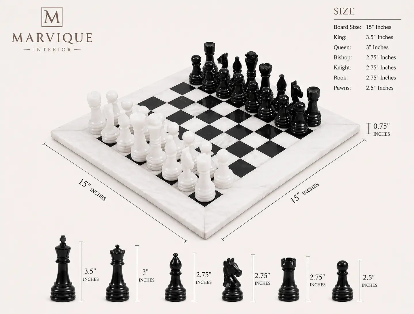 A marble chess set with black and white pieces on a checkered board, shown with dimension labels and a size reference chart. The Marvique Interior logo appears in the top left, and the board size and piece heights are annotated on a light beige background.