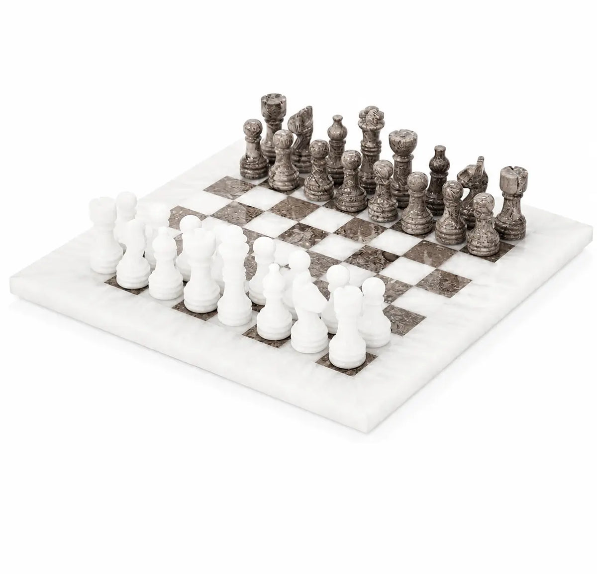 A marble chess set with white and dark gray pieces arranged on a checkered board against a plain white background.