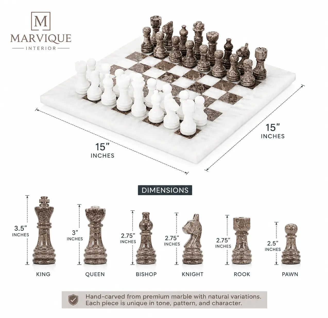 A 15-inch marble chess set by Marvique Interior, featuring white and dark brown marble pieces on a white marble board, with dimension labels and individual piece height measurements shown below.