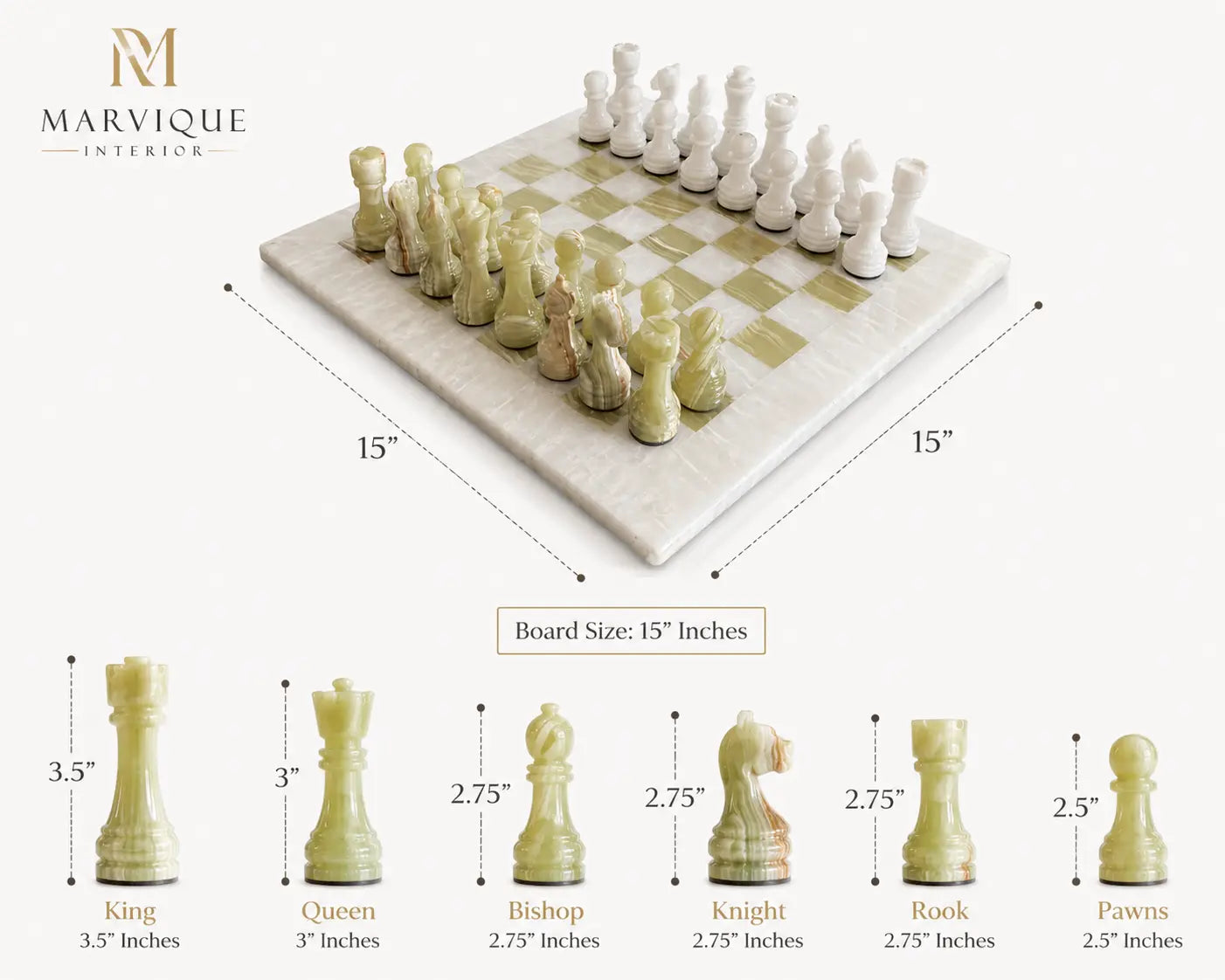 Marvyique ivory and pale green marble chess set with a 15-inch by 15-inch checkered board, shown with dimension callouts and individual piece sizes along the bottom.