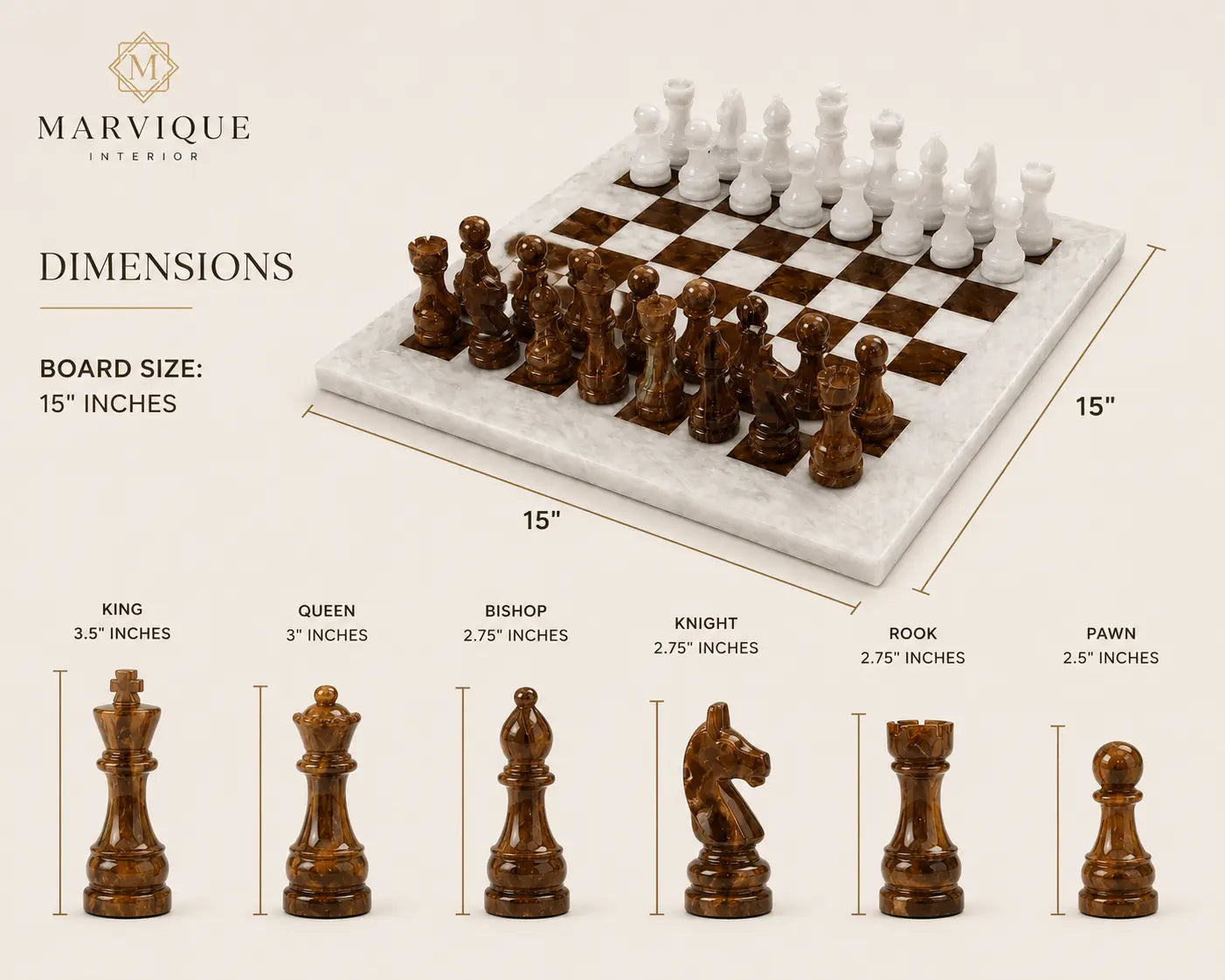 Marble chess set shown on a light beige background with dimension callouts. The image includes the brand name Marvique Interior, a 15-inch board and pieces, and labeled chess piece sizes from king to pawn.