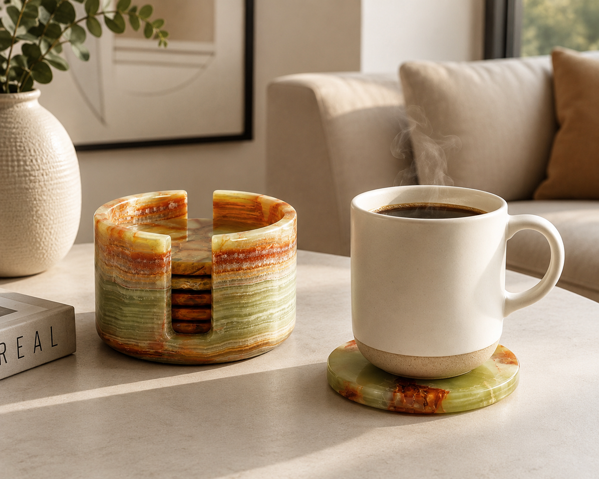 Green Onyx Marble Coaster Set with Holder – Handcrafted Natural Stone Drink Coasters (Set of 6) | Marvique Interior