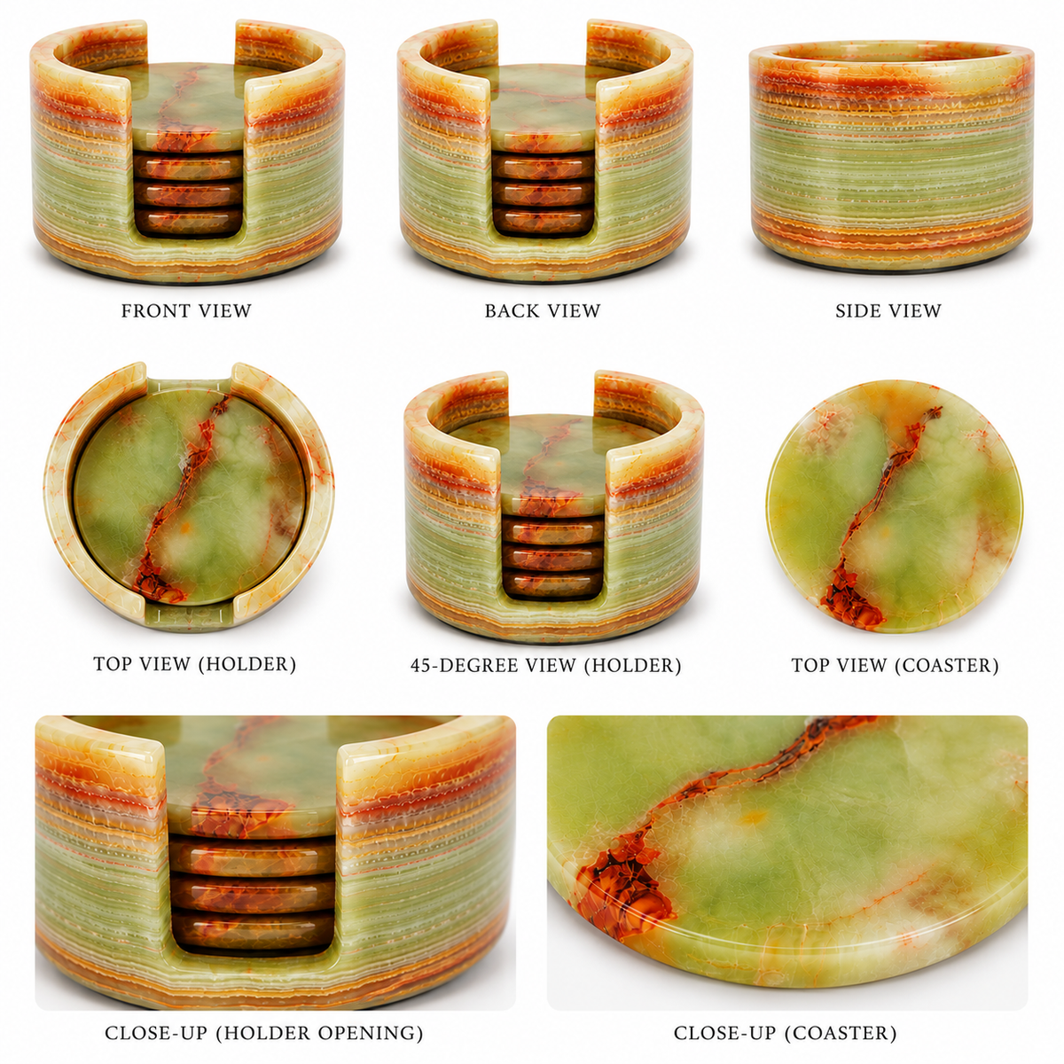 Green Onyx Marble Coaster Set with Holder – Handcrafted Natural Stone Drink Coasters (Set of 6) | Marvique Interior