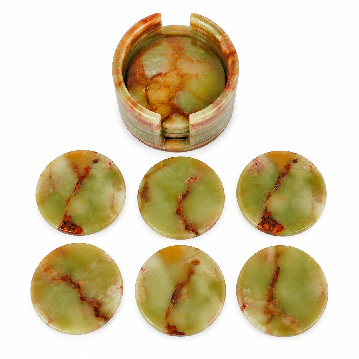 Green Onyx Marble Coaster Set with Holder – Handcrafted Natural Stone Drink Coasters (Set of 6) | Marvique Interior