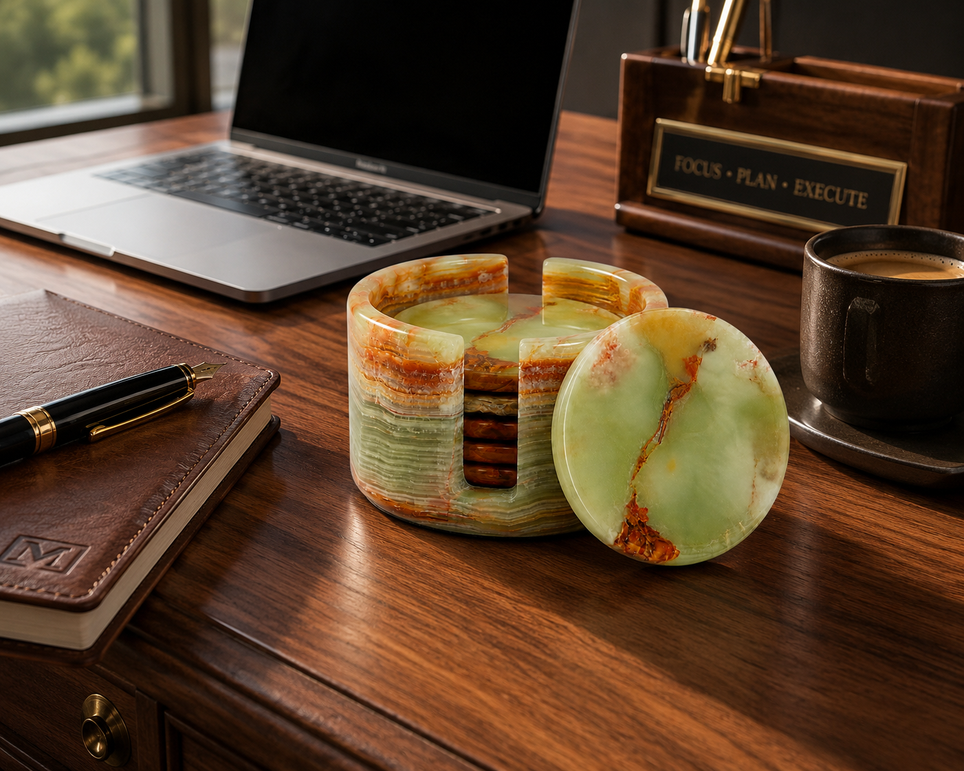 Green Onyx Marble Coaster Set with Holder – Handcrafted Natural Stone Drink Coasters (Set of 6) | Marvique Interior