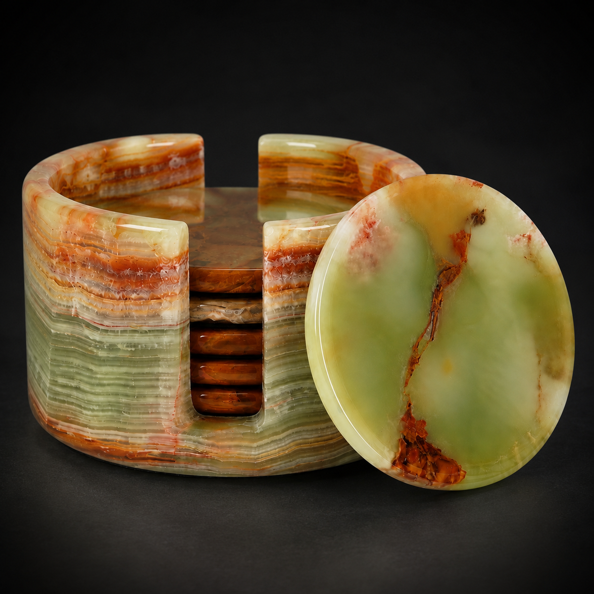 Green Onyx Marble Coaster Set with Holder – Handcrafted Natural Stone Drink Coasters (Set of 6) | Marvique Interior