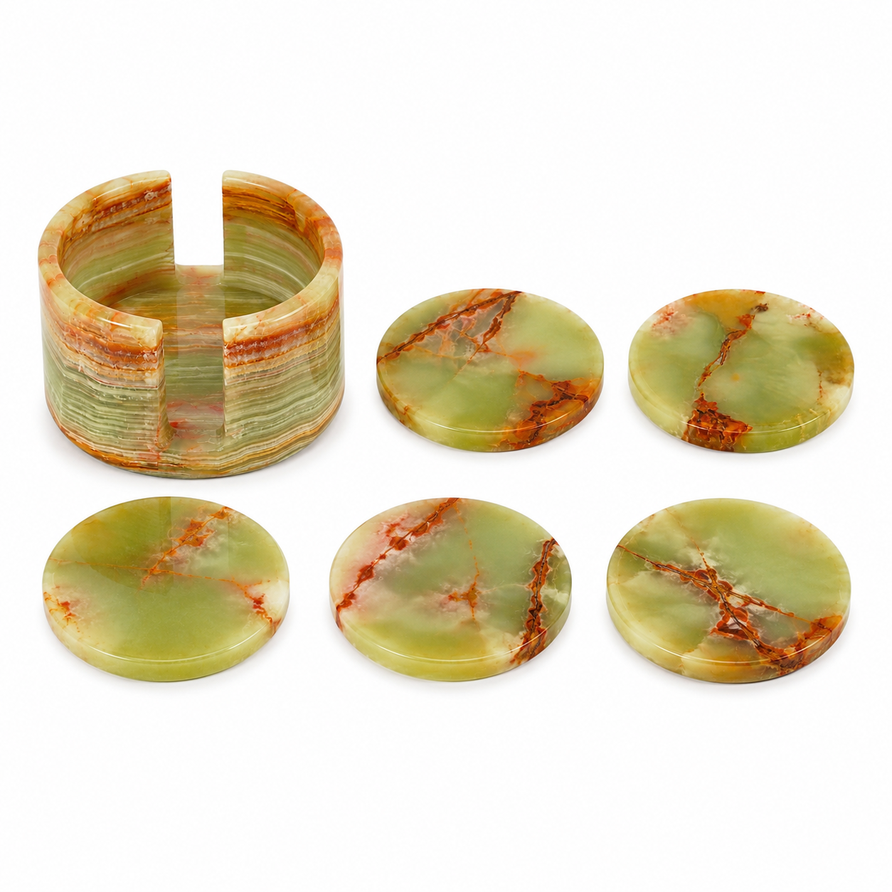 Green Onyx Marble Coaster Set with Holder – Handcrafted Natural Stone Drink Coasters (Set of 6) | Marvique Interior