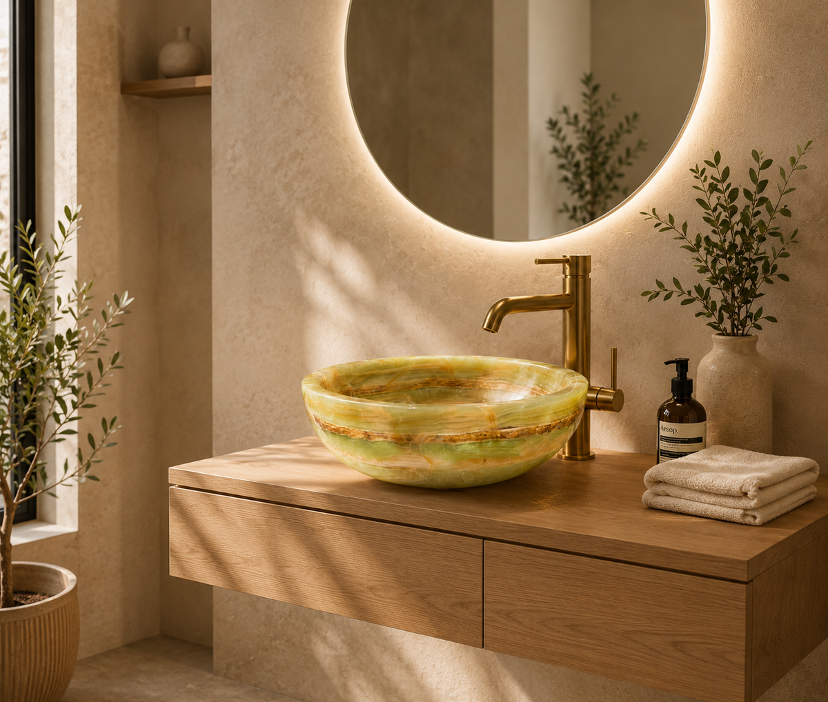 Handcrafted Natural Onyx Marble Vessel Sink – Luxury Bathroom Vanity Basin, 16" x 16" x 6"